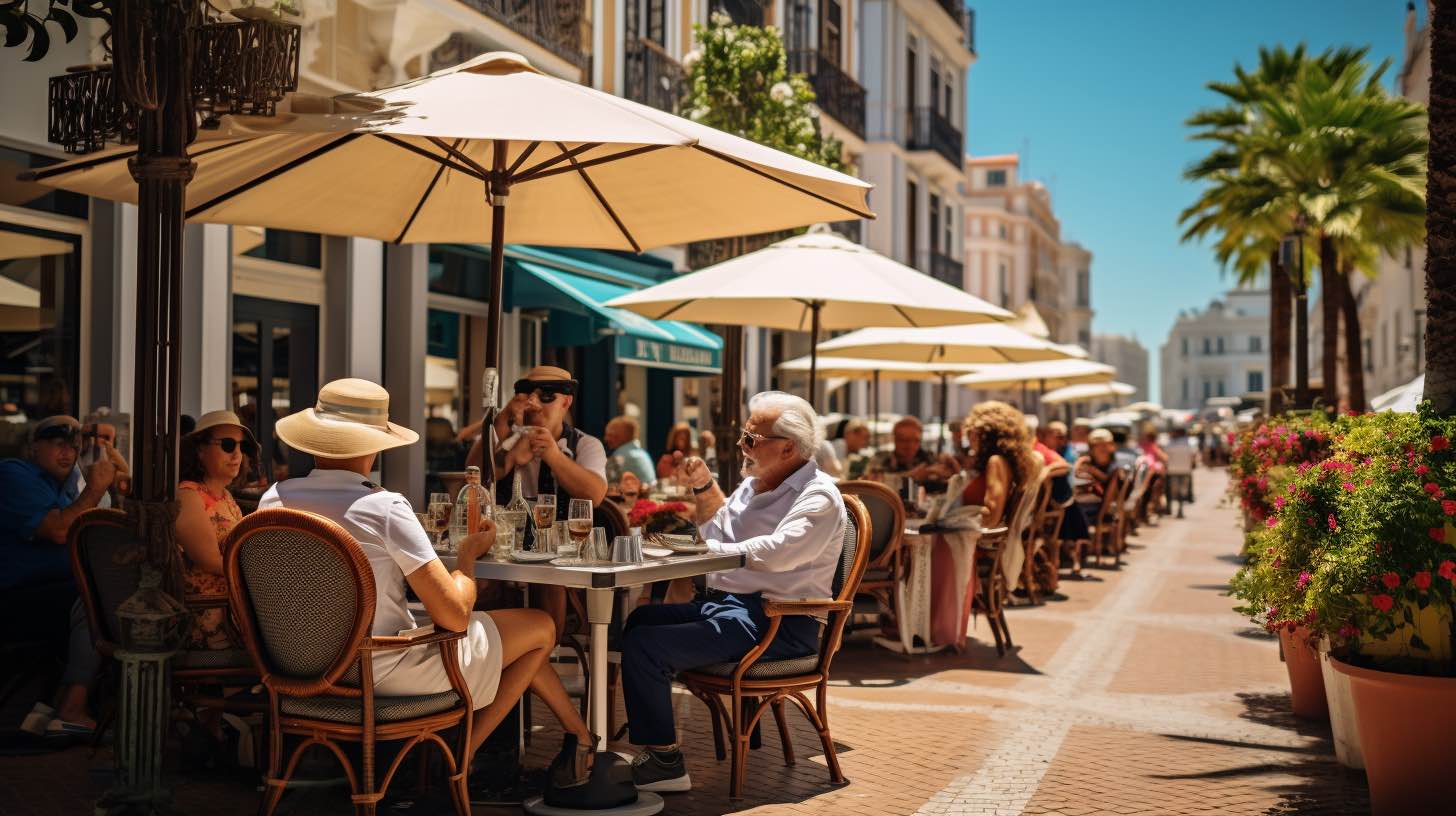 Scenic view of Vilamoura Old Town with people enjoying lunch on a sunny day in the marina